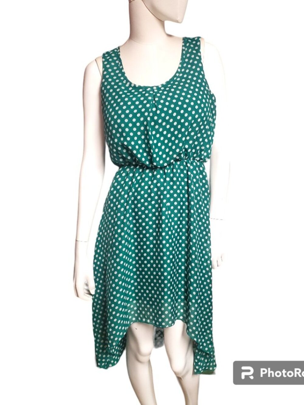 Green and white polkadot high low dress
